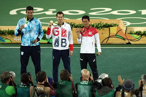 2016 Rio Olympics gold medalist Andy Murray(center) silver medalist Juan Martin Del Potro(left) and bronze medalist Kei Nishikori(right)