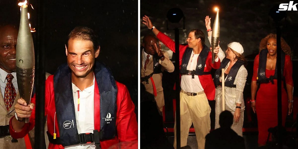 Rafael Nadal holding the Paris Olympic torch (L), pictured with Serena Williams (R): Image Source: Getty