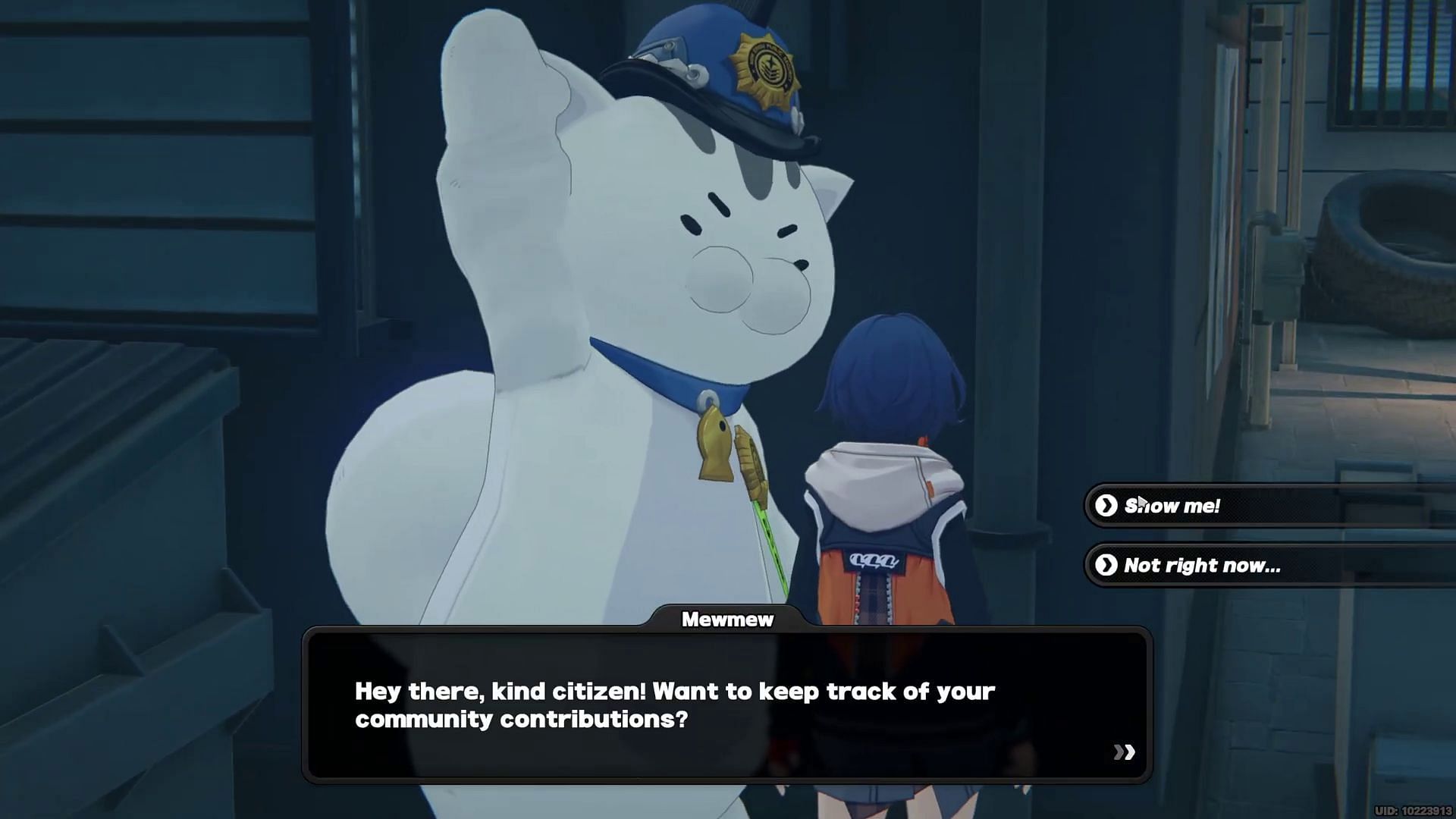 Talking to Officer Mewmew in Zenless Zone Zero (Image via HoYoverse || YouTube- KyoStinV)