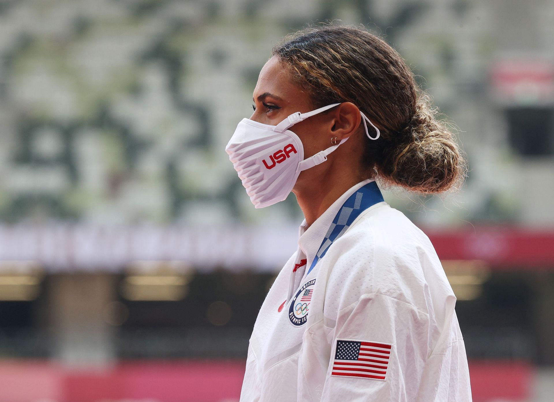 Sydney McLaughlin poses during the medal ceremony for the Women&#039;s 400m Hurdles Final at the Tokyo 2020 Olympic Games. (Photo by Christian Petersen/Getty Images)