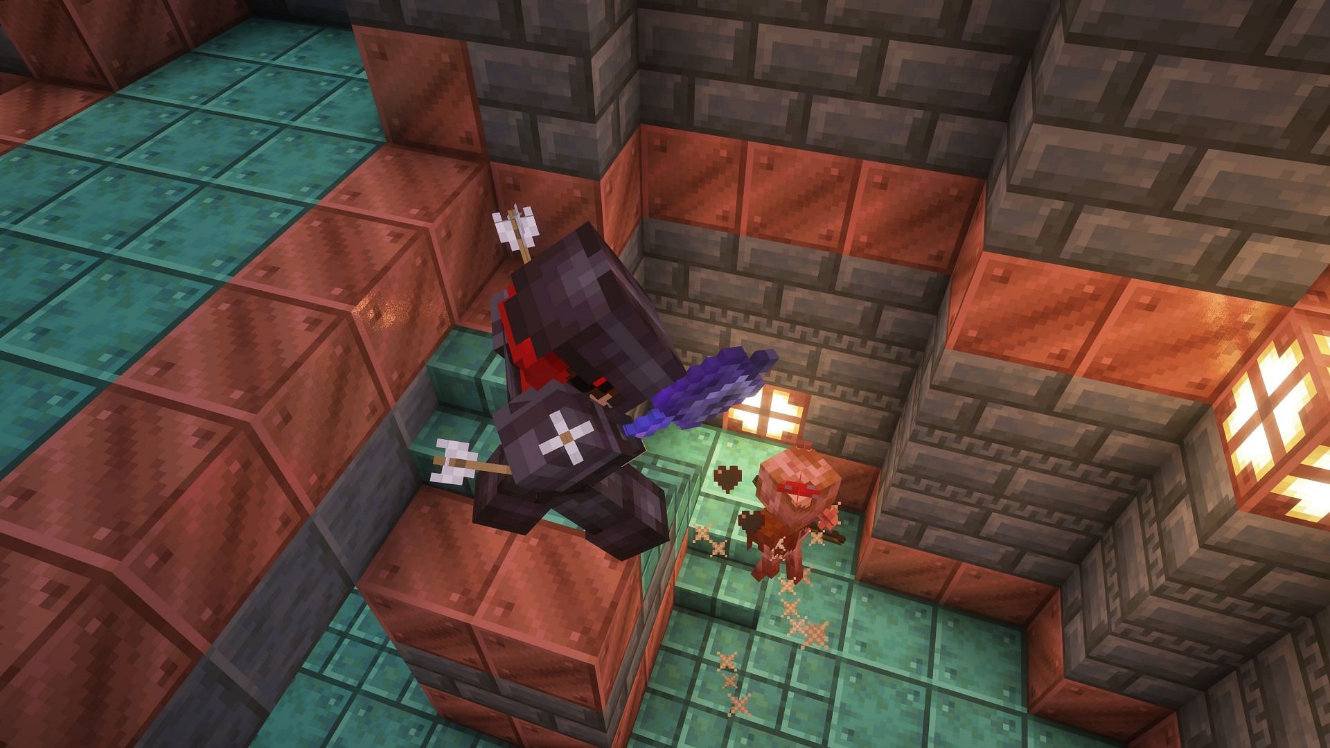 Players landing a smash attack on a bogged skeleton (Image via Mojang)