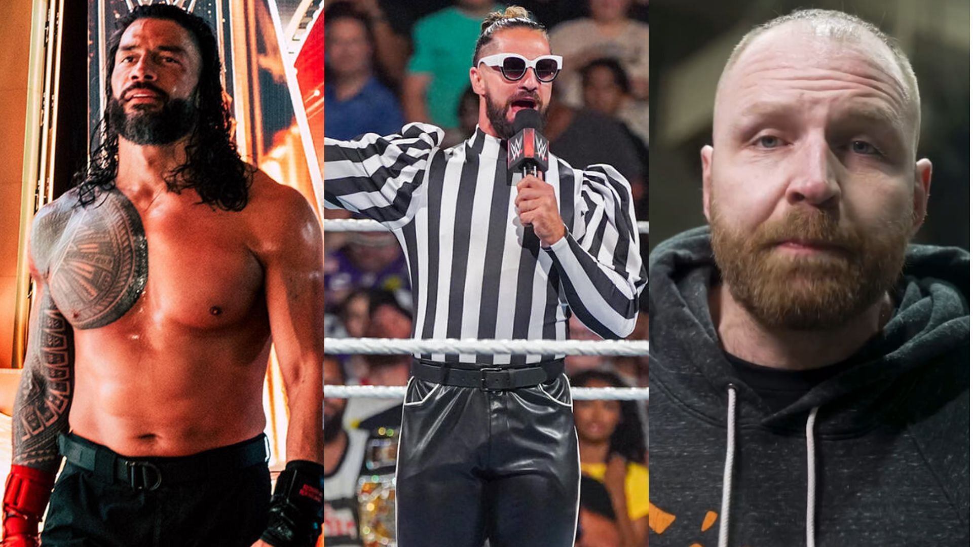 Roman Reigns, Seth Rollins, and Jon Moxley.