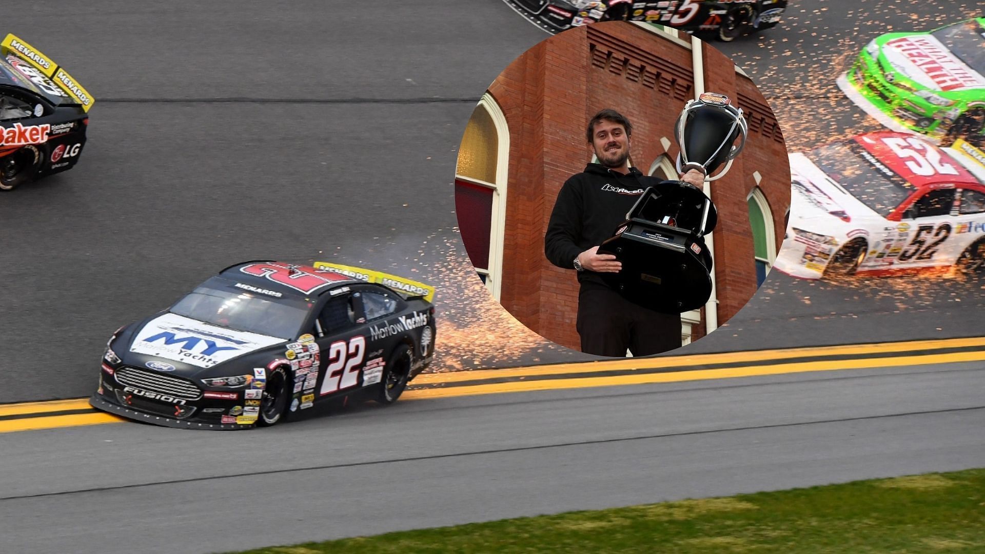 Connor Hall spinning off the track during the 2019 Lucas Oil 200 race at Daytona International Speedway (Source: Imagn). Inset Connor Hall posing with the 2023 NASCAR Weekly Series trophy (Source: Getty)