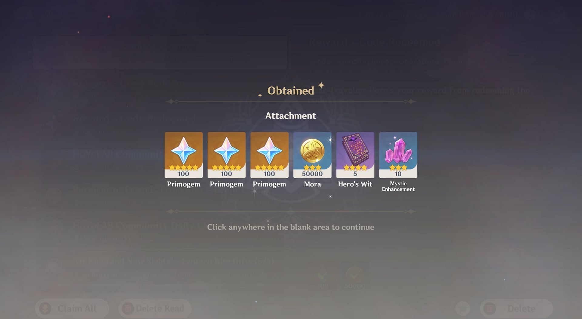 Primogem rewards from livestream codes (Image via HoYoverse)