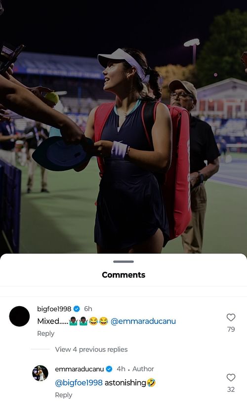 Emma Raducanu and Frances Tiafoe's exchange on Instagram (Source: Instagram/Emma Raducanu)