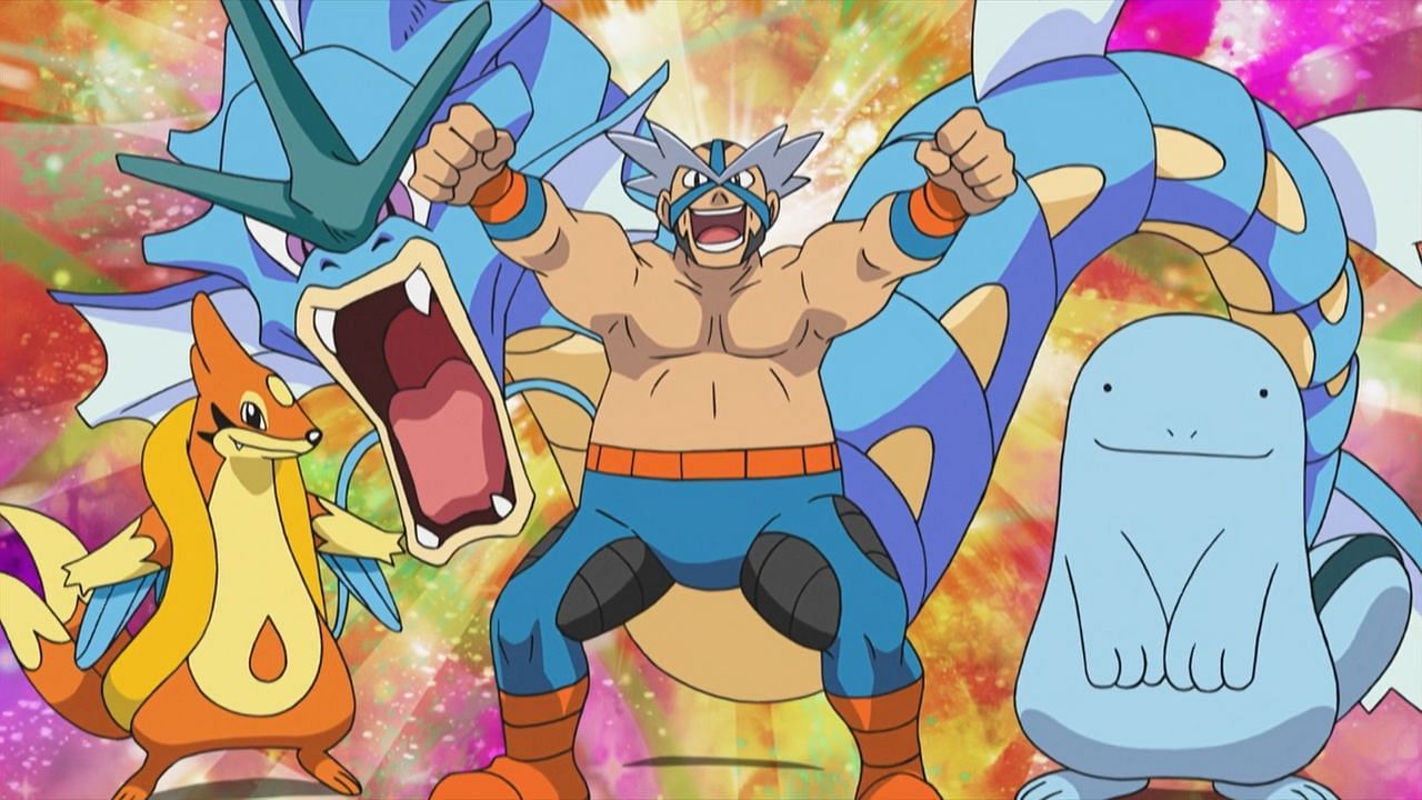 Crasher Wake has various defensive options on this team, with many of his party members covering each other&#039;s weaknesses (Image via The Pokemon Company)