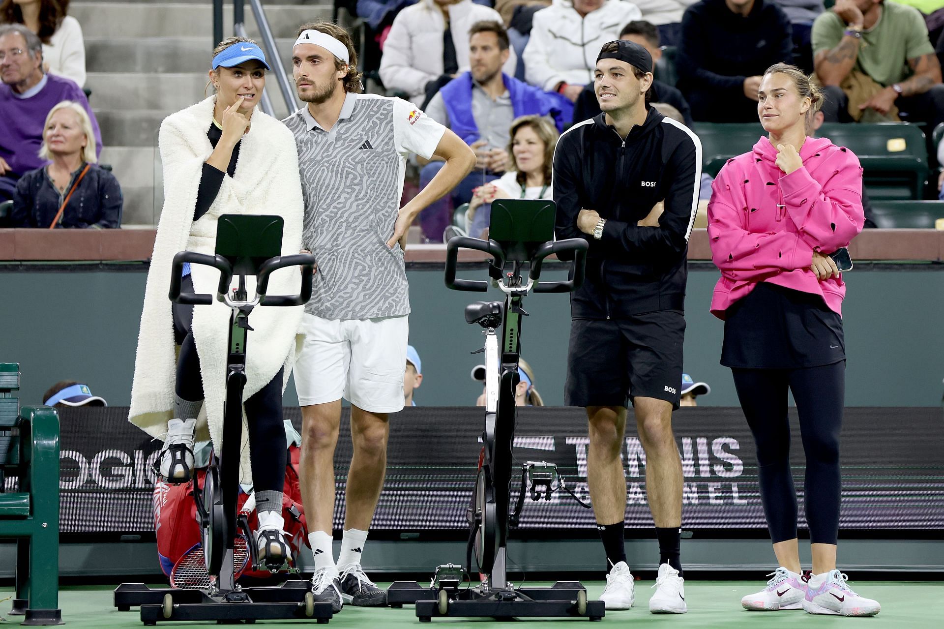 Paula Badosa [L] shares a moment with Stefanos Tsitsipas at the Indian Wells Masters