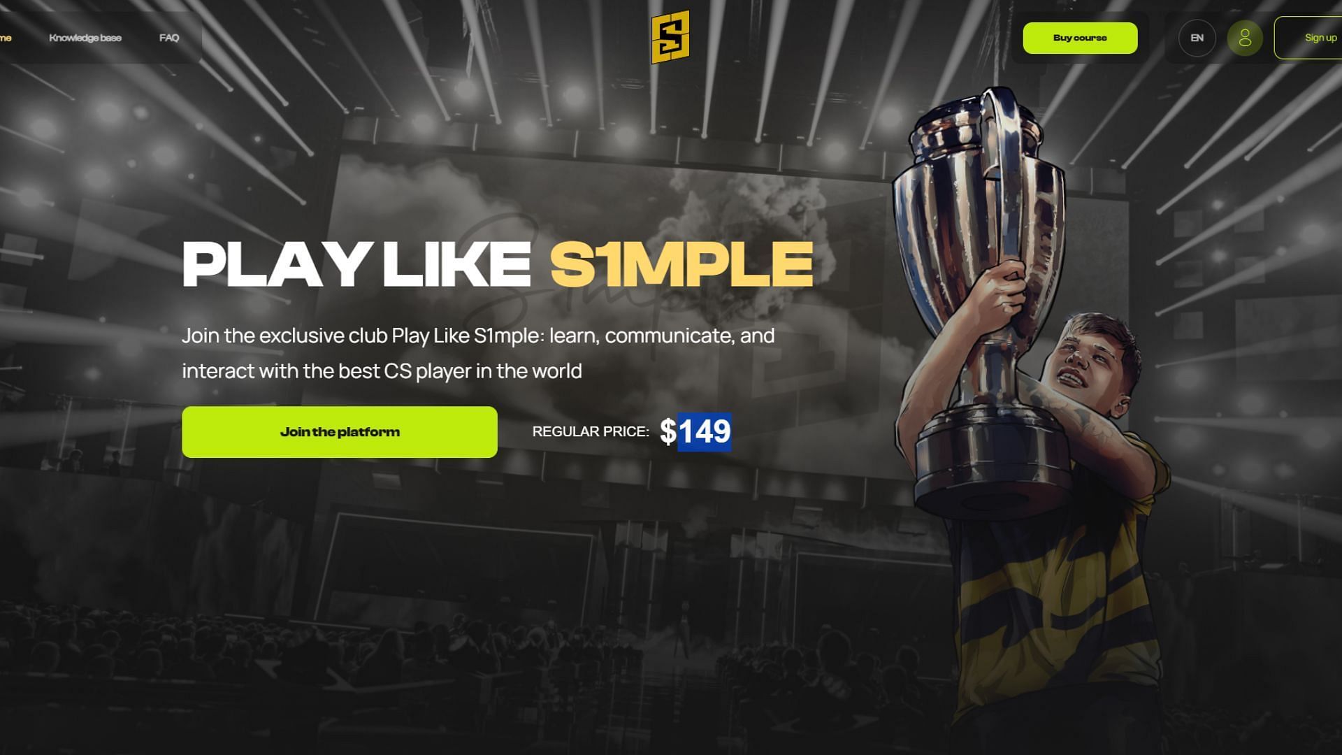 The Homepage of &quot;Play like S1mple&quot; CS2 course (Image via playlike1mple.com)