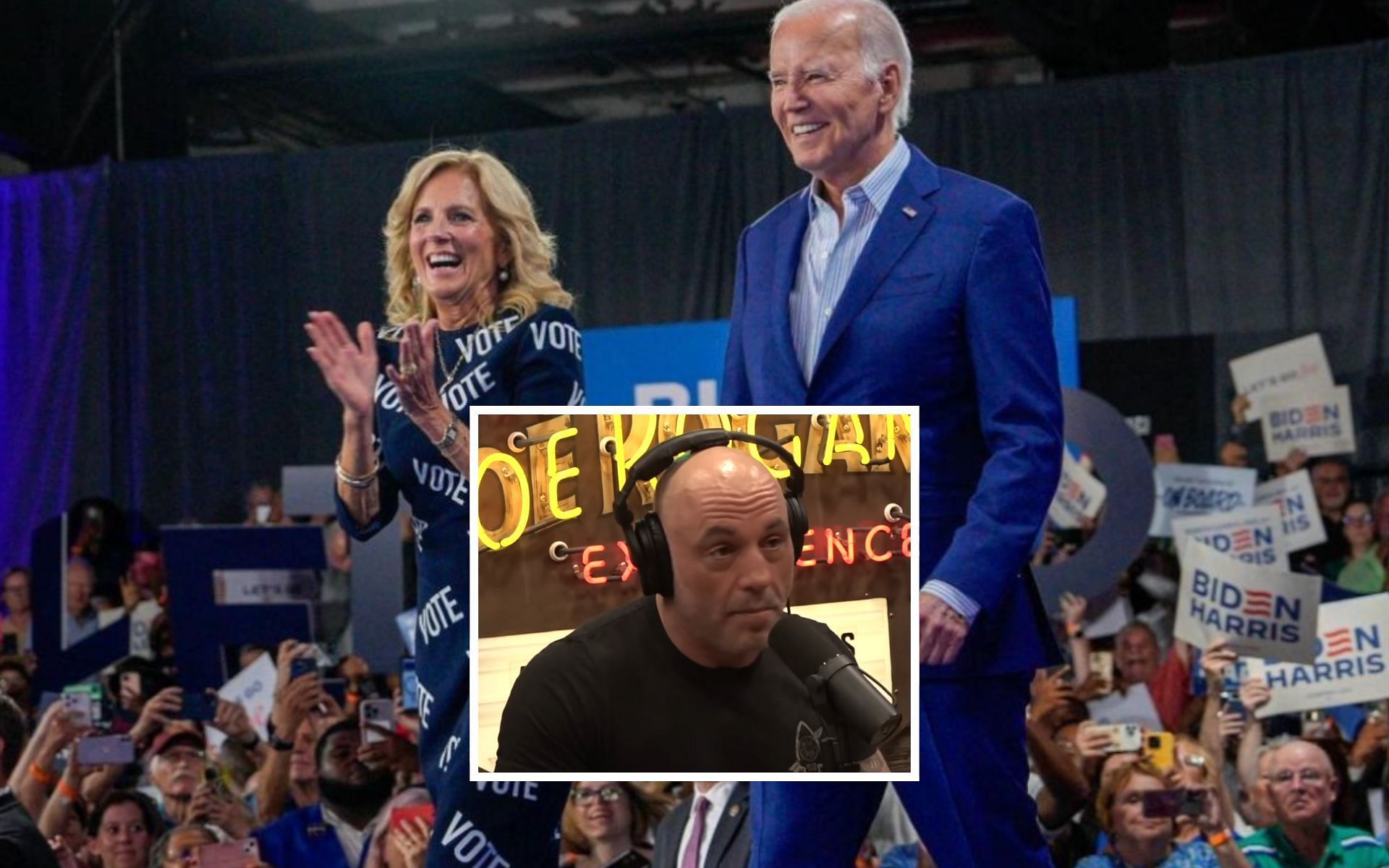 Joe Rogan (center) criticizes the relationship Jill Biden (left) has with Joe Biden (right). [Images courtesy: @joebiden on Instagram and PowerfulJRE on YouTube]