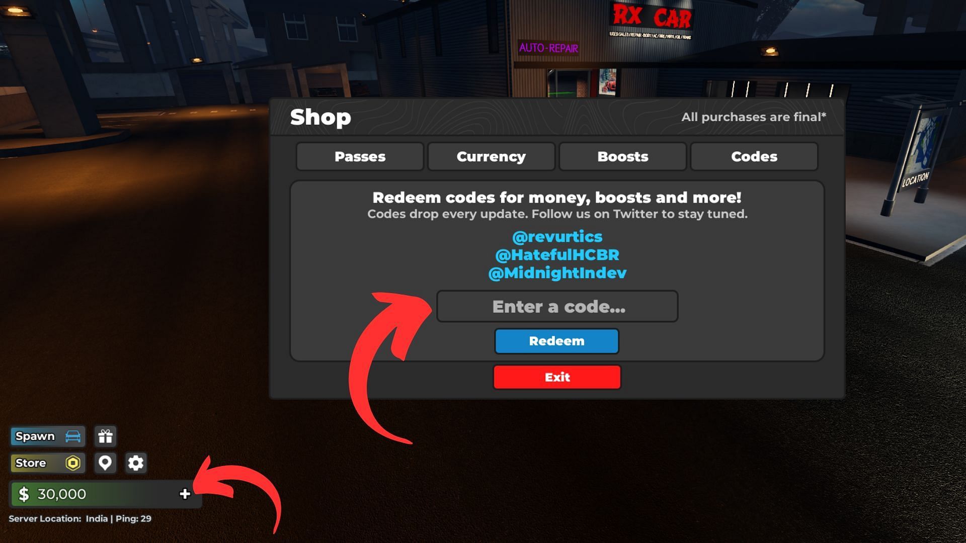 Redeem codes in Midnight Chasers Highway Racing (Image via Roblox || Sportskeeda)