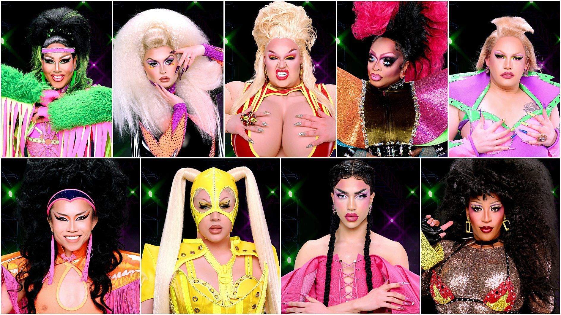 Contestant names from left to right: Alexis Mateo (US), Cheryl (UK), Eureka! (US), Kennedy Davenport (US), La Kahena (France), Le Fil (UK), Lemon (Canada), Miss Fiercalicious (Canada), Tynomi Banks (Canada). (Image via BBC)