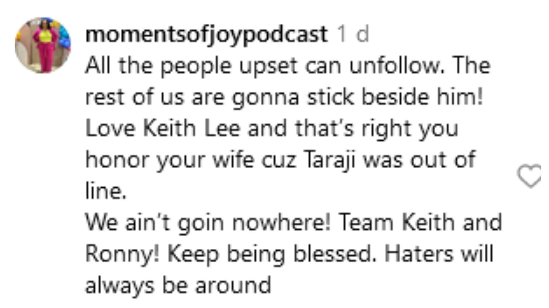 Fans defended Lee for supporting his wife (Image via Instagram / @momentsofjoypodcast)