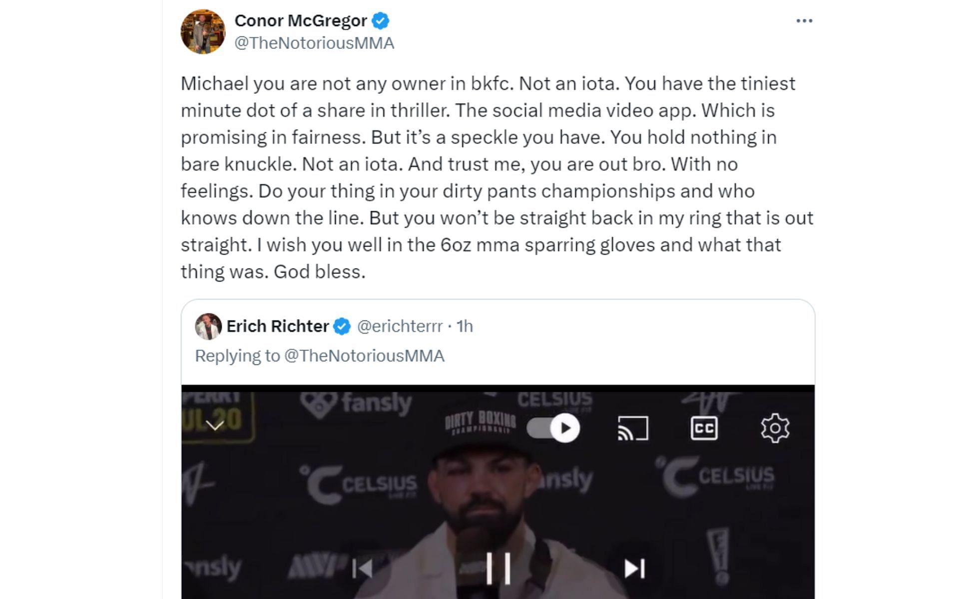 Screenshot of McGregor&#039;s reply to Perry