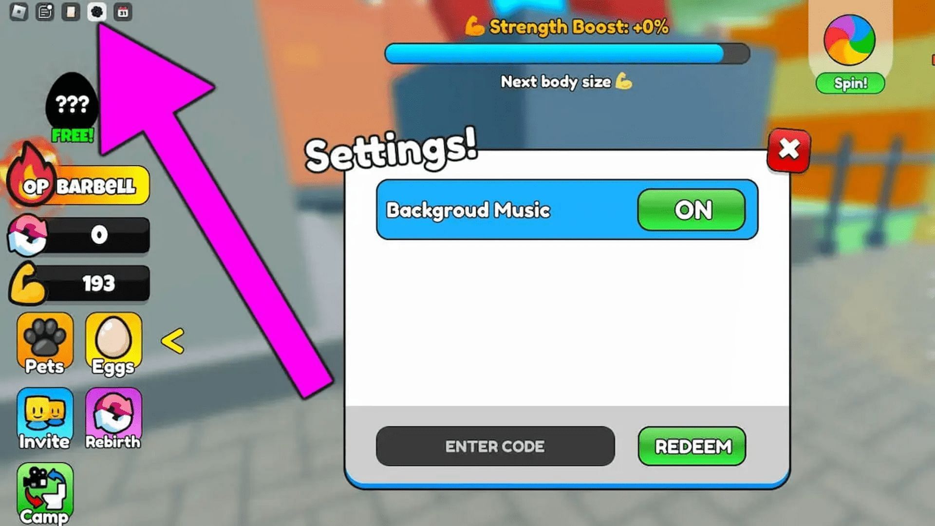 Redeem codes in Titan Training Simulator (Image via Roblox)