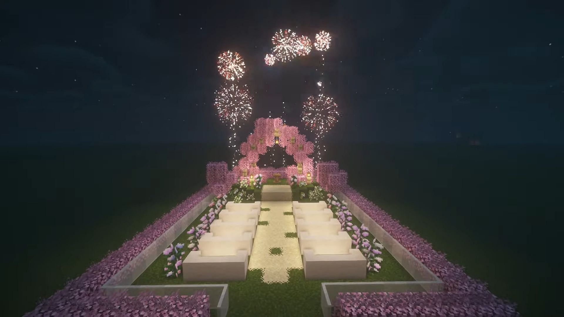 Outdoor Wedding Venue with Fireworks (Image via YouTube/Pachimarik - Minecraft)
