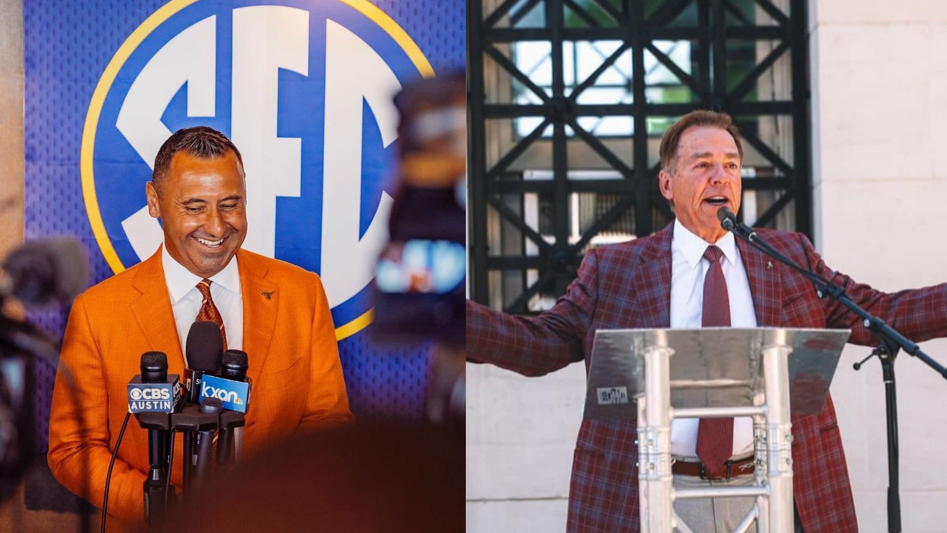 Texas coach Steve Sarkisian and retired coach Nick Saban 