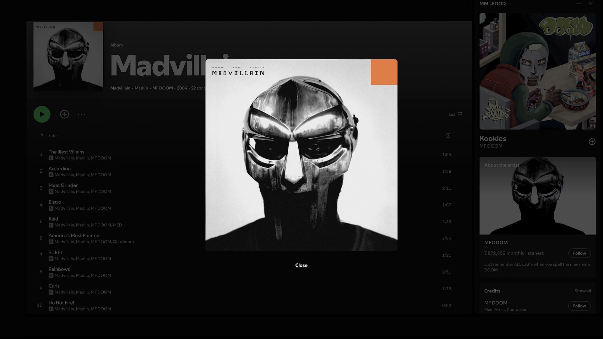 A screenshot of MF DOOM and Madlib&#039;s &#039;Madvillainy&#039; currently streaming on Spotify (Image via Spotify)