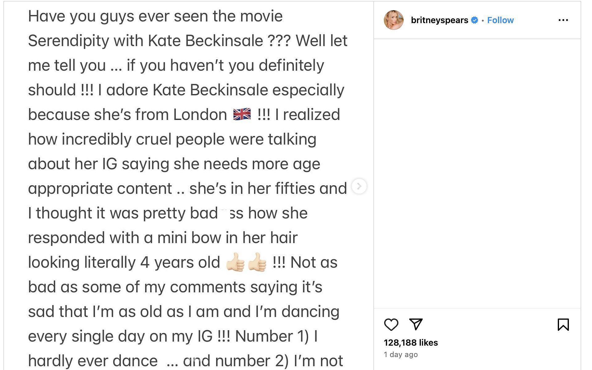 Britney Spears comes out in support of Kate Beckinsale. (Image via BritneySpears/ Instagram)