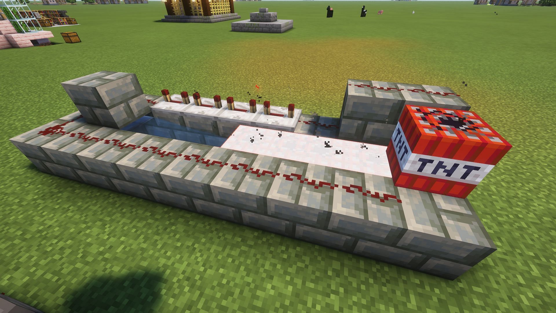 A classic TNT launcher about to fire (Image via Mojang)