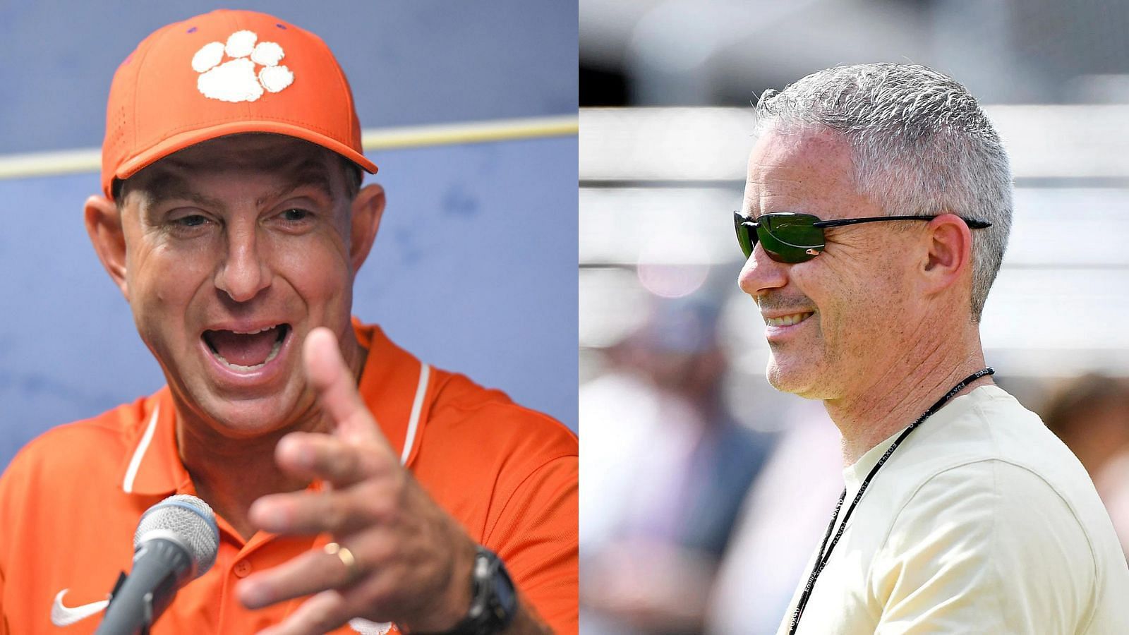 Clemson and coach Dabo Swinney and Florida State and coach Mike Norvell may both leave the ACC. (Photo credits- Swinney by Ken Ruinard- USA TODAY Sports and Norvell by Melina Myers- USA TODAY Sports).