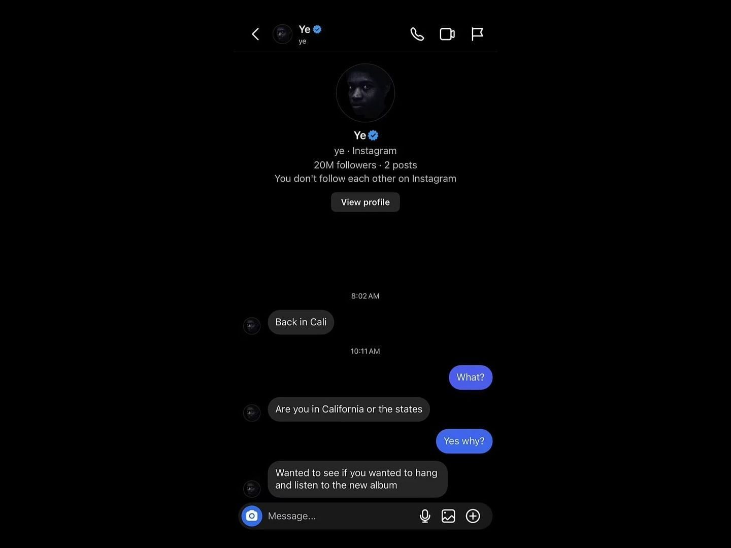 Screenshot of the alleged conversation between Ye and Mikaela. (Image via Instagram/@mikalafuente)