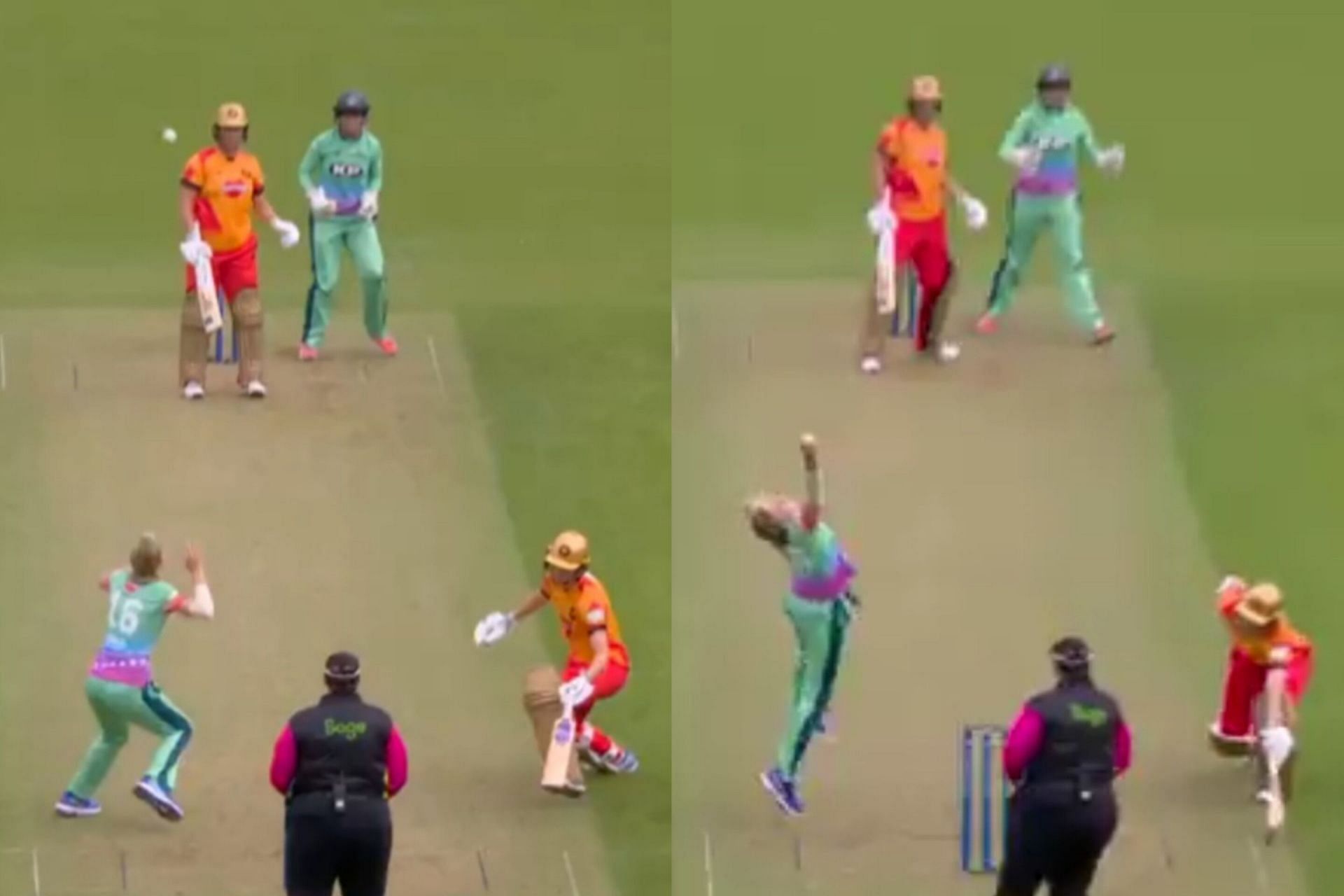 Sophia Smale&rsquo;s brilliant caught and bowled sends Sophie Devine (Image via X/@thehundred)