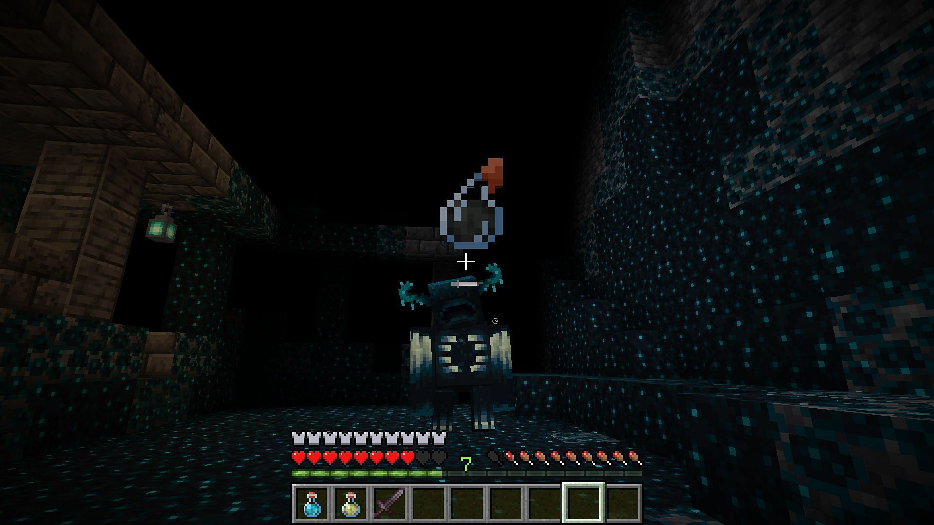 Throwing a potion of weakness at an approaching warden (Image via Mojang)