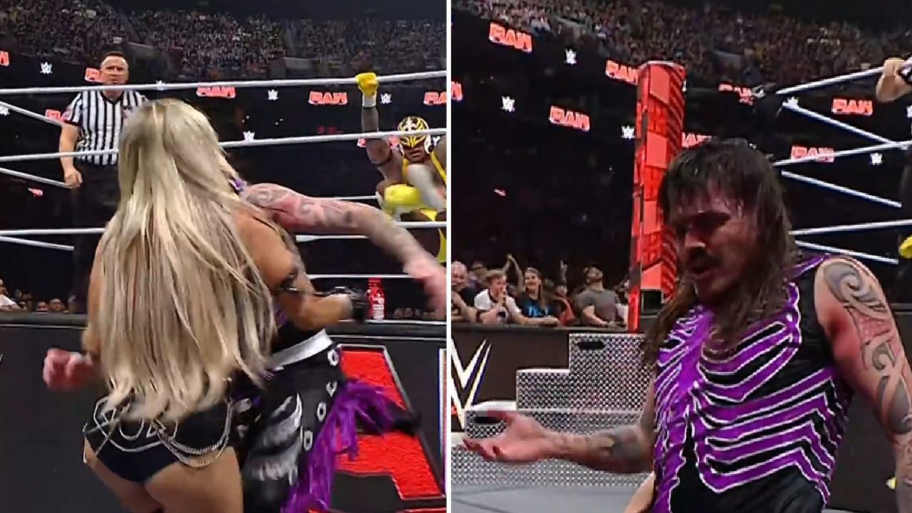 Dominik falls on Liv after Rey kicks him (via WWE