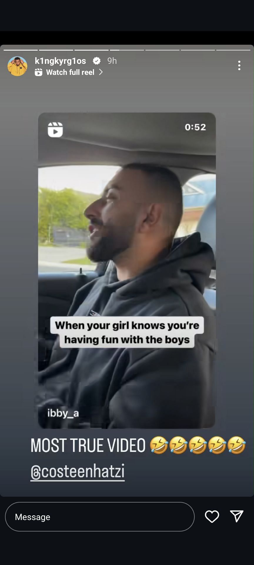 Nick Kyrgios teasing his girlfriend Costeen Hatzi via his Instagram Story (Source: Instagram/Nick Kyrgios)