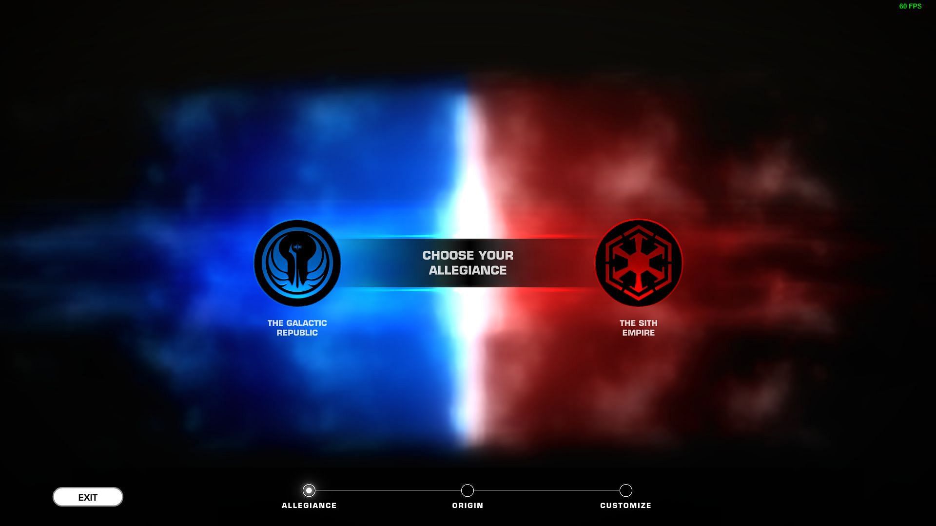 The faction selection screen in Star Wars: The Old Republic (Image via Electronic Arts)