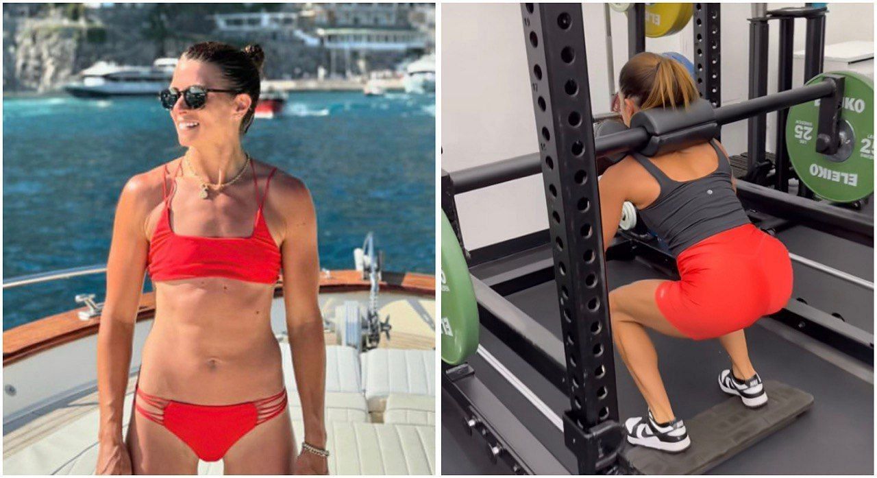 Danica Patrick in Europe (left) and at the gym (right). 