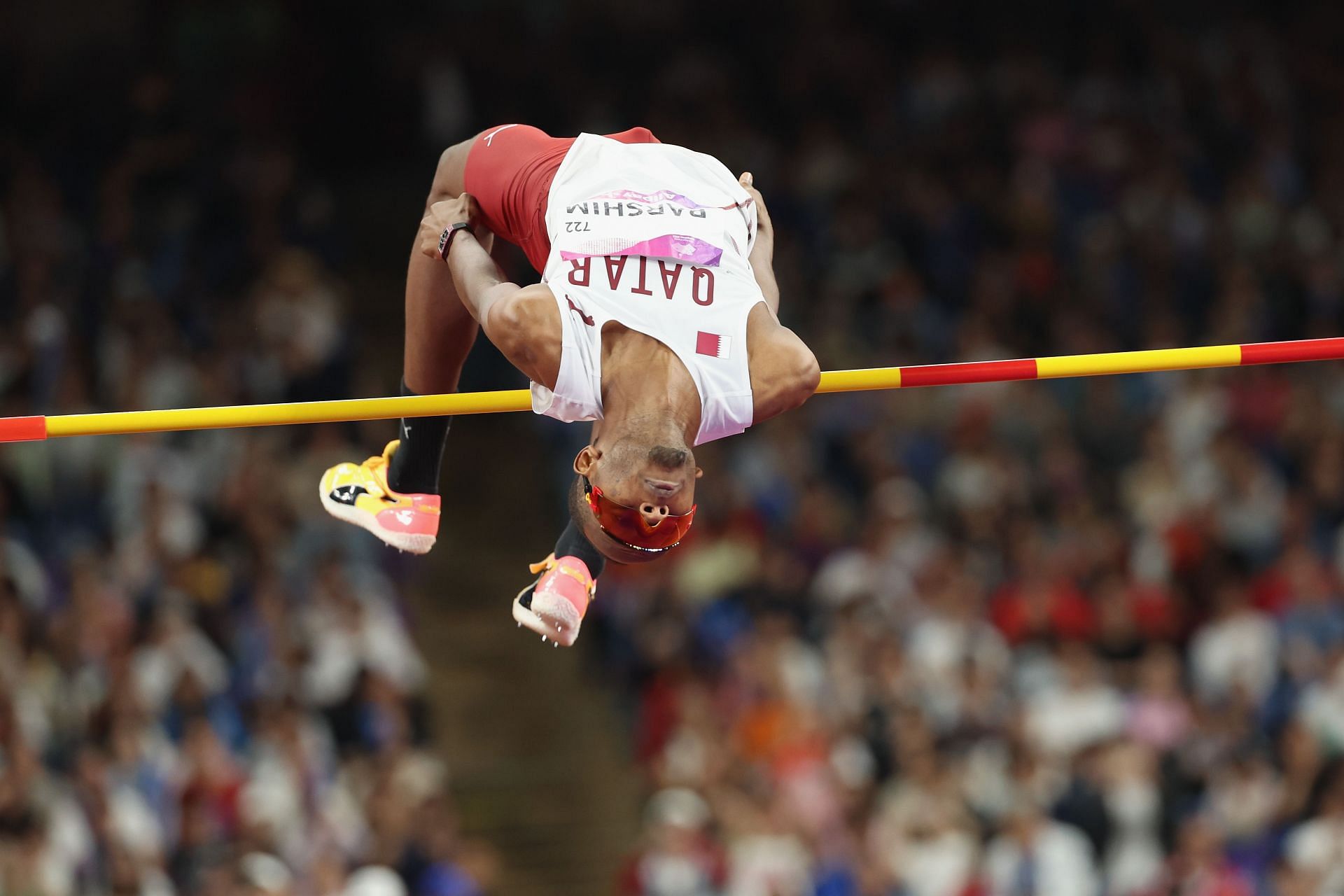 Mutaz Barshim of Qatar competes in the men&#039;s high jump final athletics event during the 2022 Asian Games at Hangzhou Olympic Sports Centre on October 04, 2023 in Hangzhou, China. (Photo by Lintao Zhang/Getty Images)