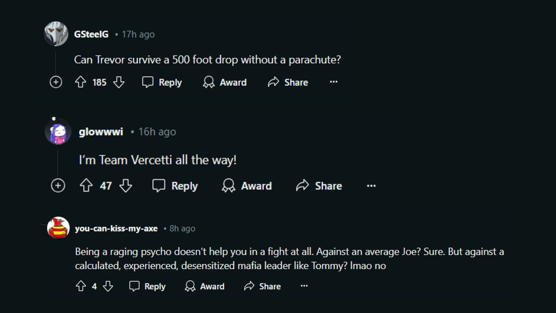 Fans in support of Tommy Vercetti against Trevor Philips (Images via Reddit)