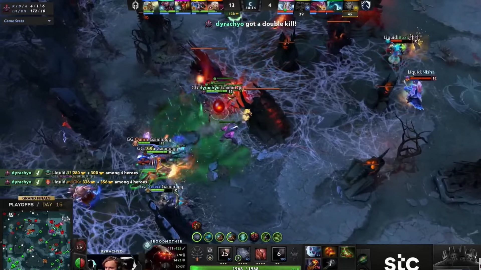 dyrachyo&#039;s Broodmother destroying Liquid&#039;s mid racks (Image via ewc_dota2@Twitch)