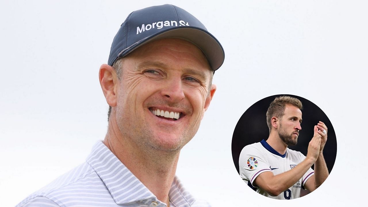 Justin Rose challenges Harry Kane for a unique penalty shot. Image via Getty Images