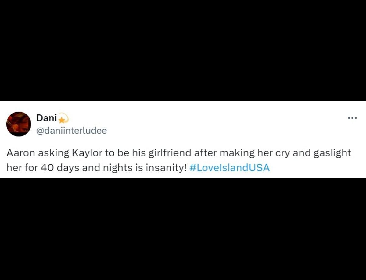 A netizen reacts to Aaron asking Kaylor to be his girlfriend (Image via X/ @daniinterludee)