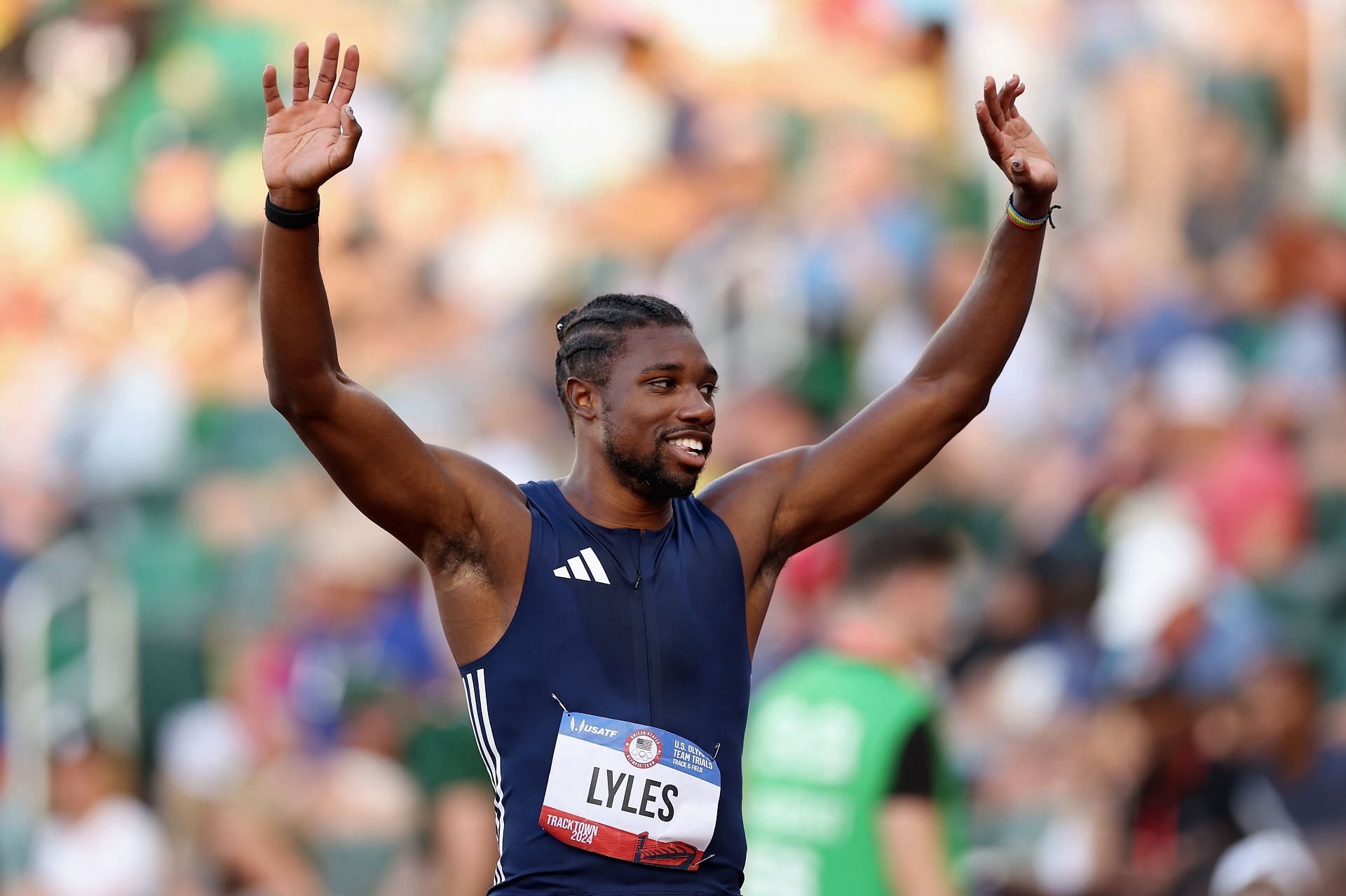 Noah Lyles at 2024 U.S. Olympic Team Track &amp; Field Trials. (Photo by Christian Petersen/Getty Images)