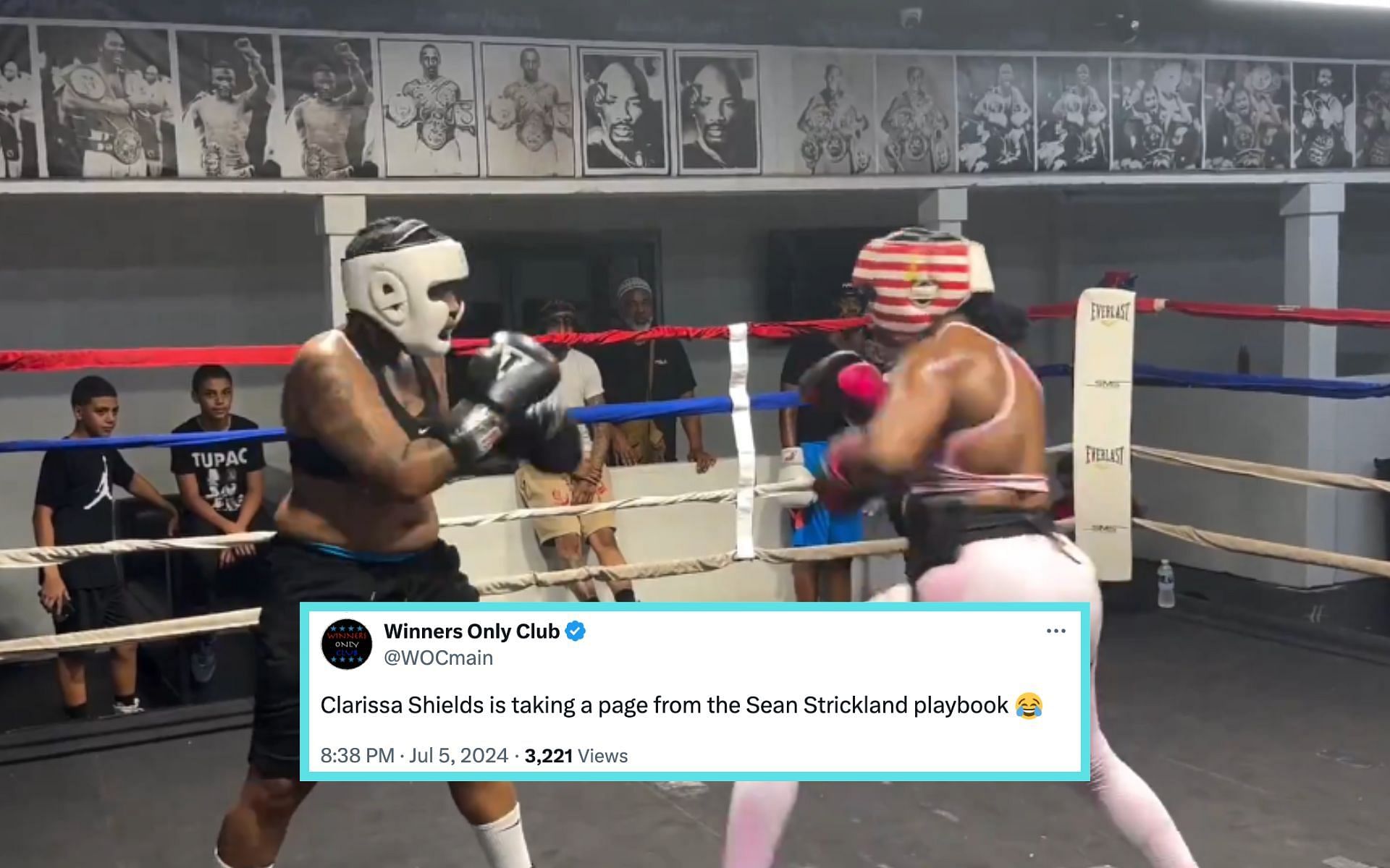 Claressa Shields (right) fights an online critic (left) at her gym. [Image courtesy: @happypunch on X]