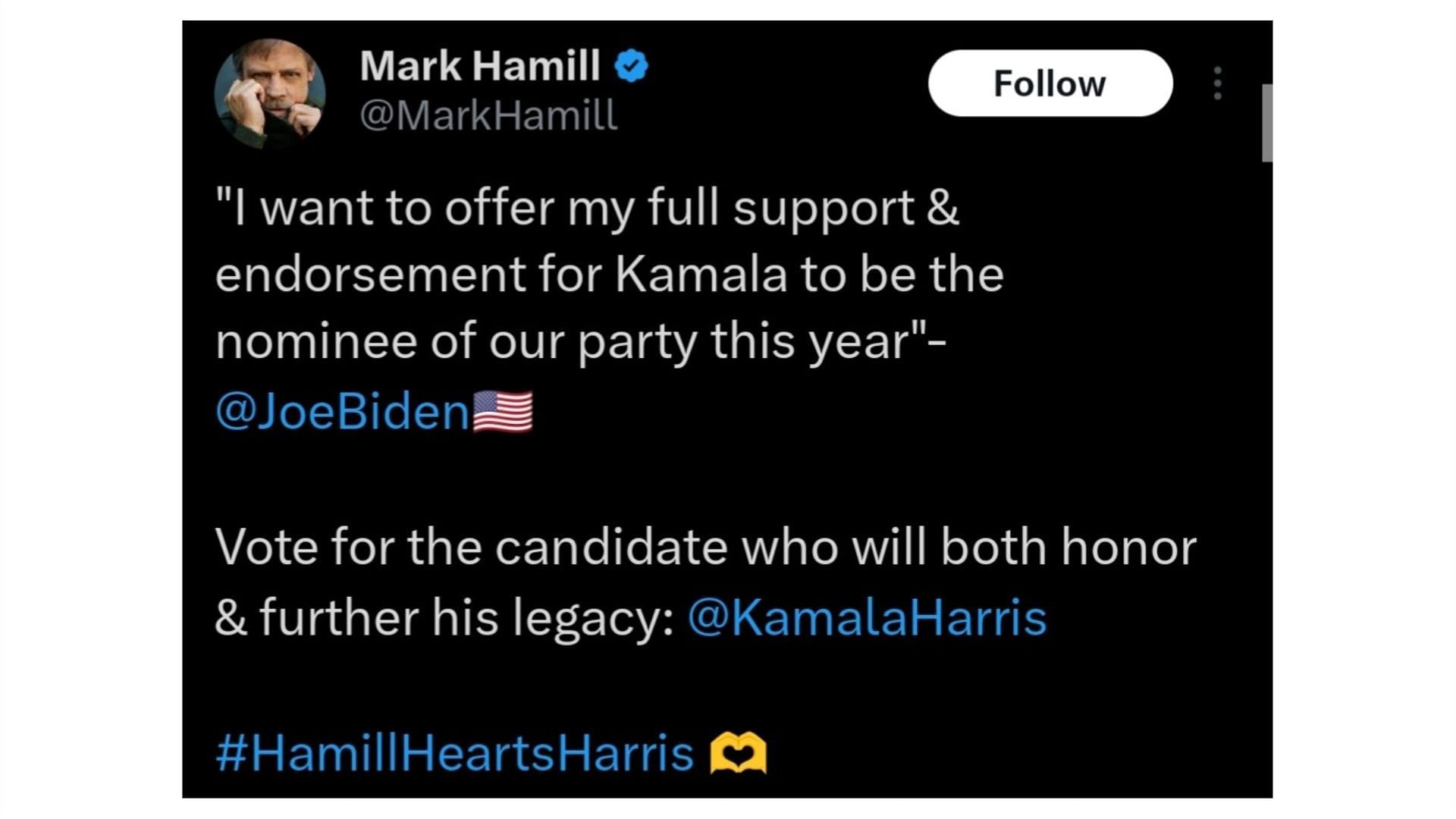 Hamill extended support to Kamala Harris, (Image via @MarkHamill/X)