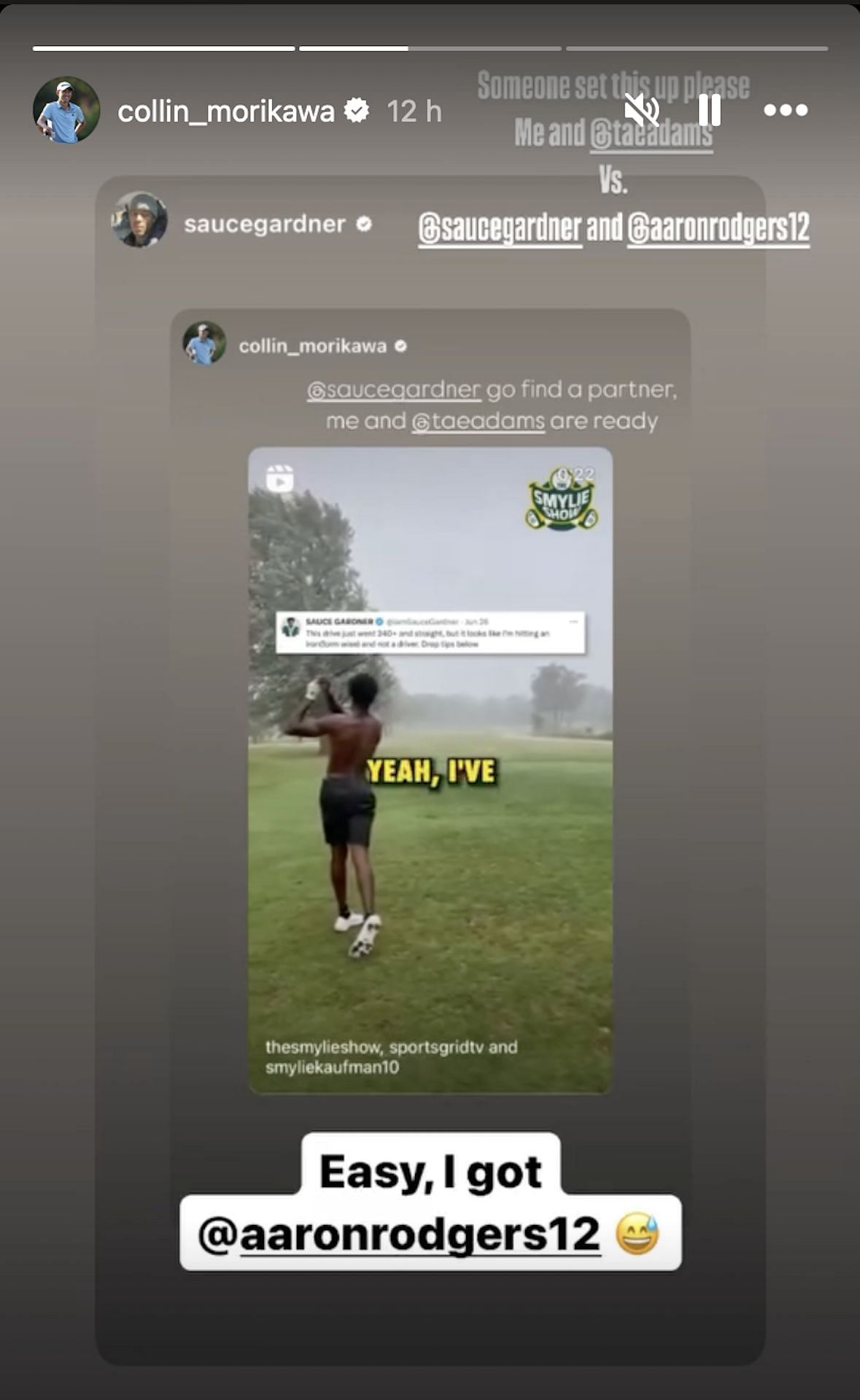 Collin Morikawa sets up a golf competition with Aaron Rodgers, Sauce Gardner, and Davante Adams (Image via Instagram @collin_morikawa)