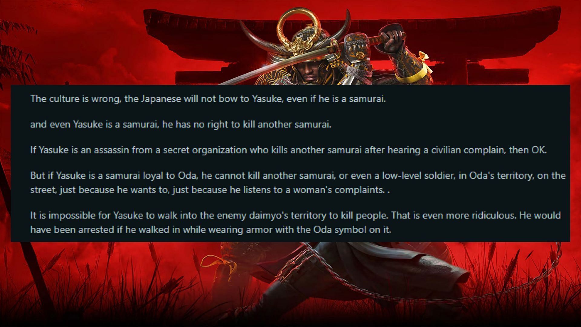 The discrepancies with Yasuke&#039;s behavior (Image via Reddit)