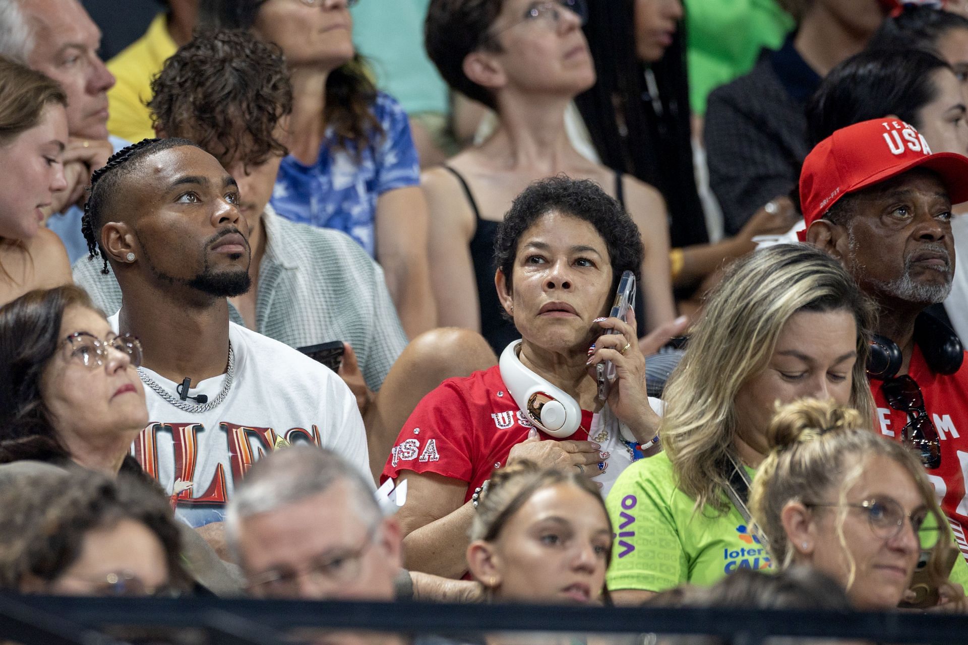 Jonathan Owens and Simone Biles&#039; parents Ronald and Nellie Biles watching the Artistic Gymnastics Team Final at the Paris 2024 Summer Olympic Games. (Photo via Getty Images)