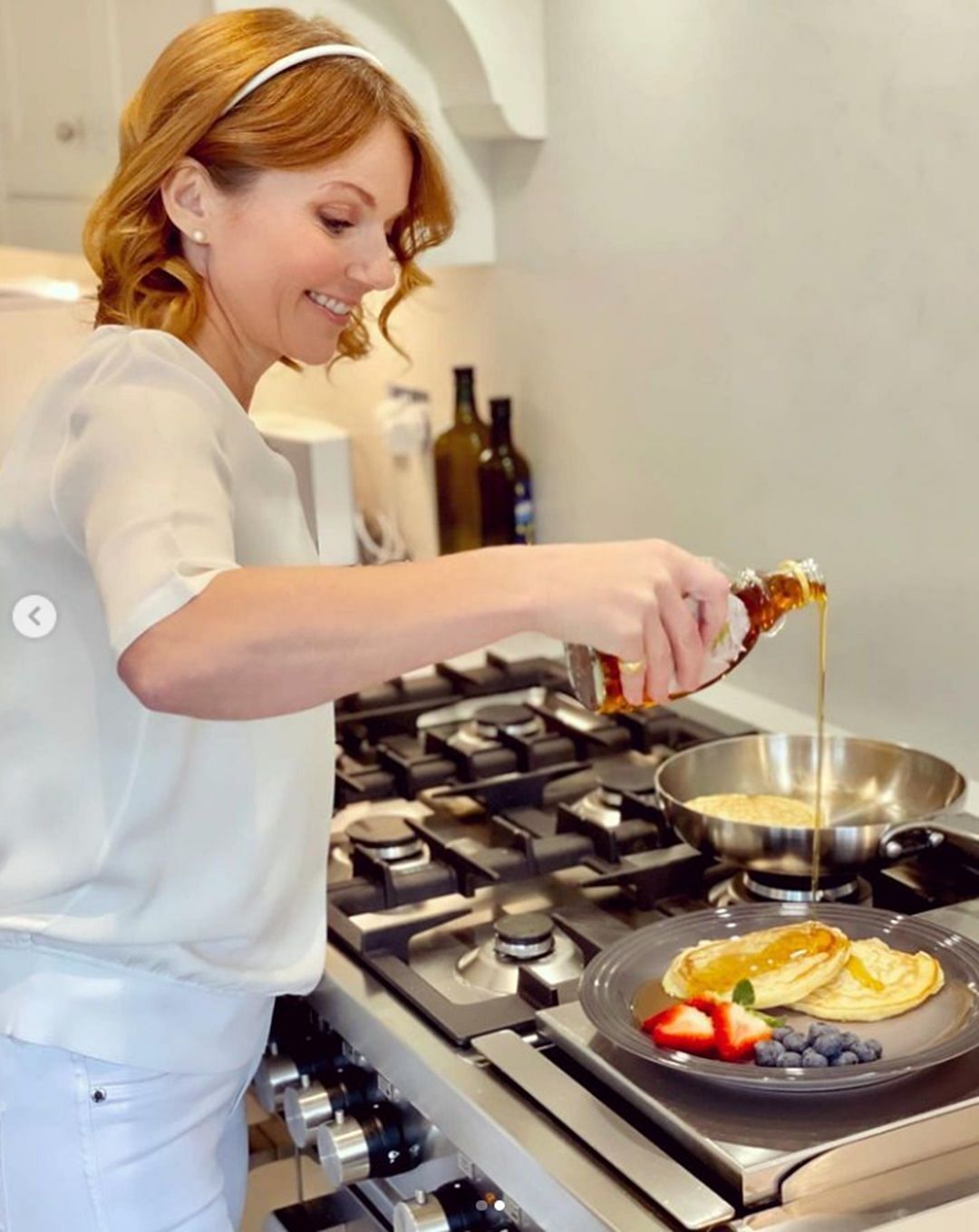 Geri Halliwell making pancakes in their expansive kitchen (Source: @therealgerihalliwell on Instagram)