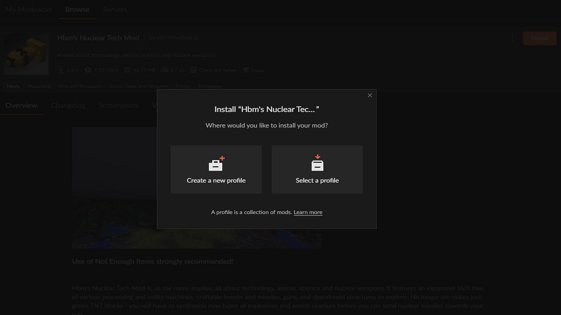 The prompt to install HBM&#039;s Nuclear Tech mod (Image via CurseForge)