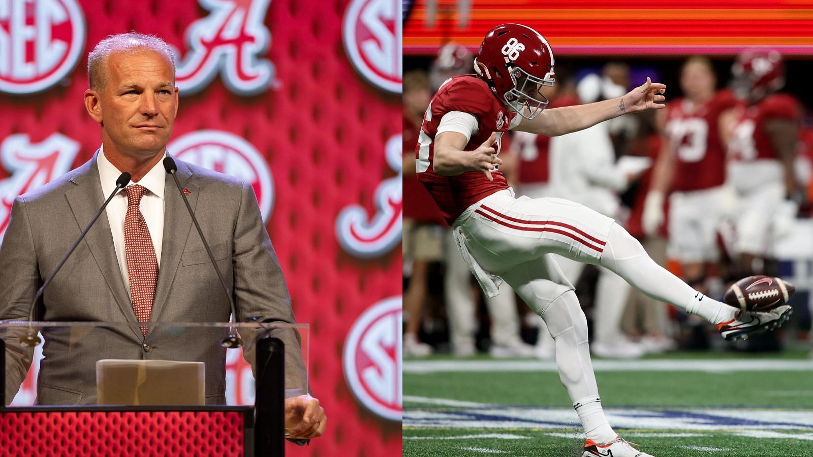 Alabama coach Kalen DeBoer and punter James Burnip will lead a strong Tide special teams unit. (Photo Credits: IMAGN)