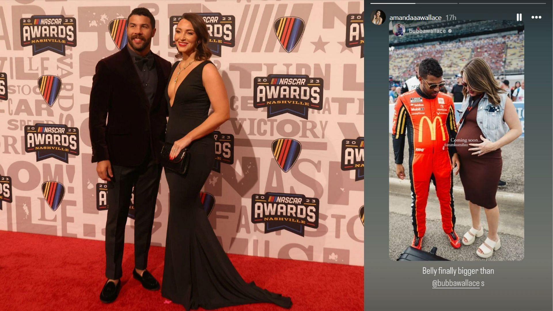 Left: Bubba and Amanda Wallace during the 2023 NASCAR Awards Celebration (Source - Getty). Right: Bubba and Amanda Wallace at Michigan (Source - @amandaaawallace on Instagram)