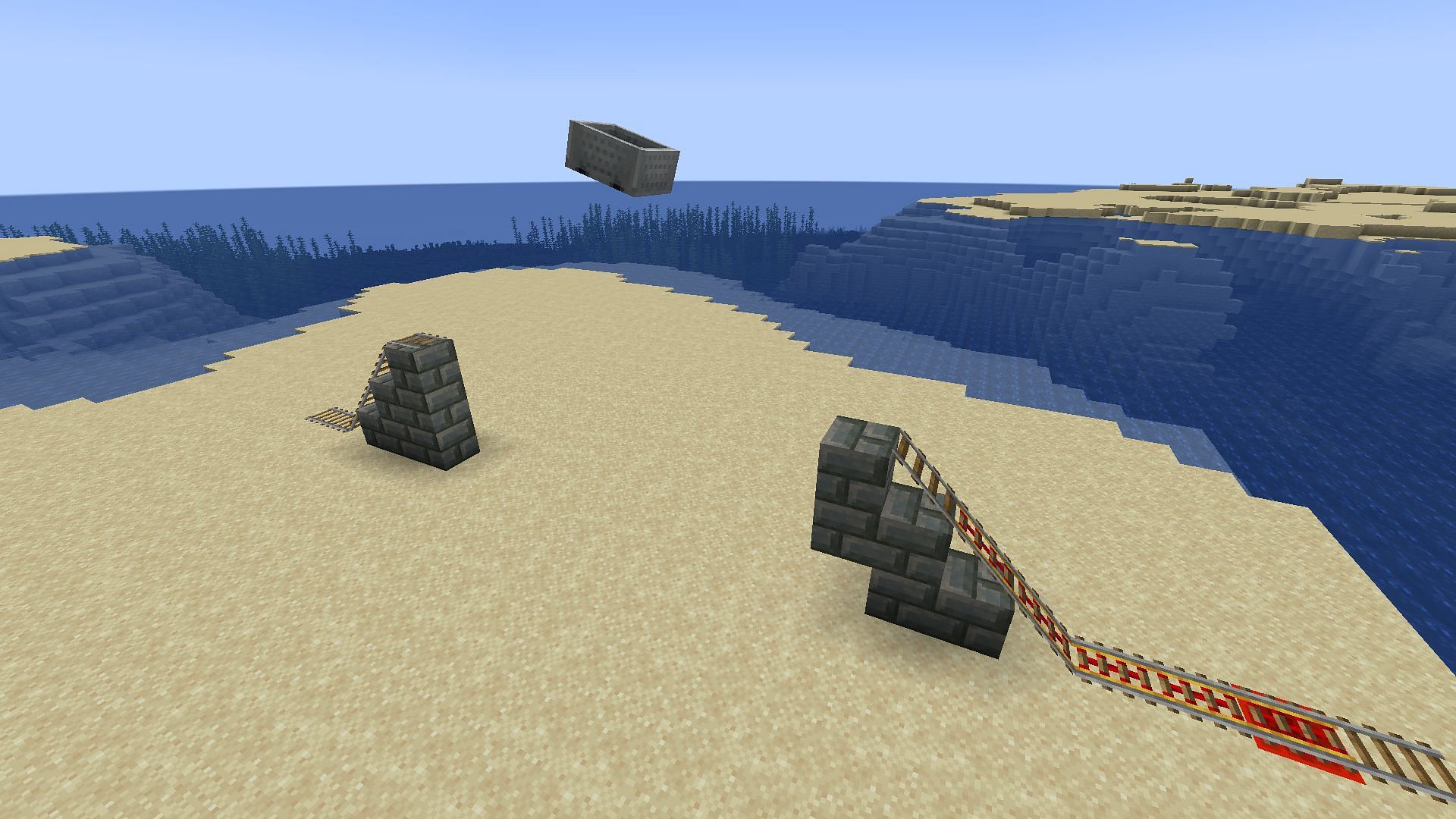 A minecart being jumped across a gap (Image via Mojang Studios)