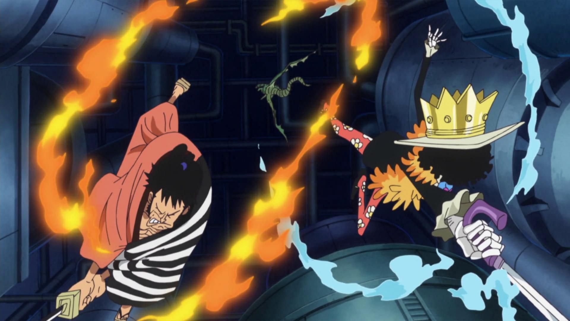 Brook and Kinemon striking the dragon (Image via Toei Animation)