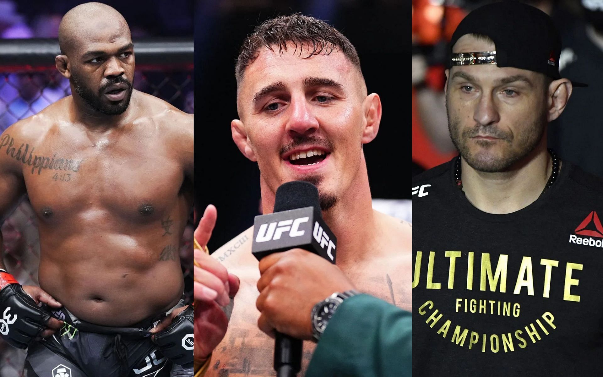 Tom Aspinall (middle) confirms he will be back-up if Jon Jones (left) versus Stipe Miocic (right) is made official [Images courtesy: Getty Images]