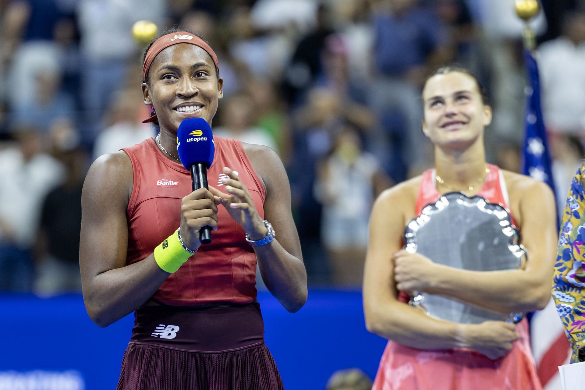 Coco Gauff pictured with Aryna Sabalenka at the 2024 US Open Tennis - Source: Getty